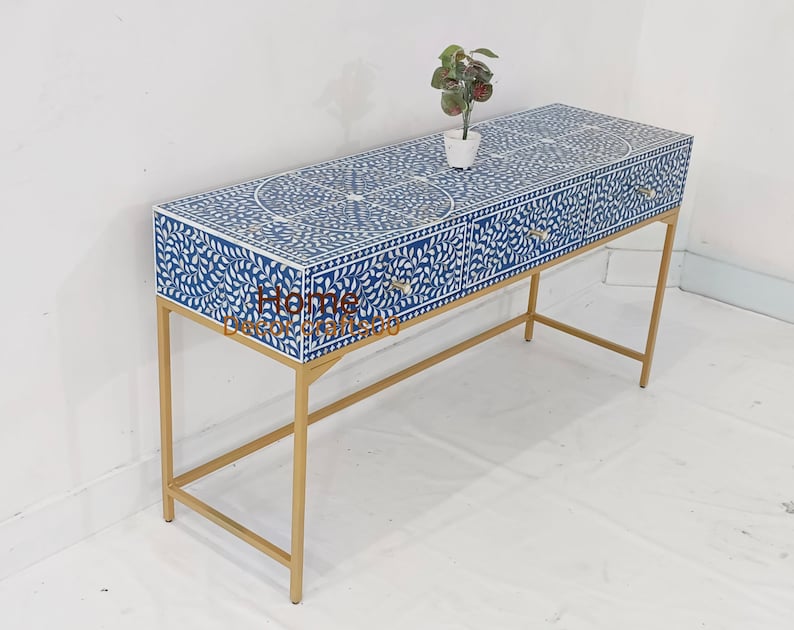 Indian handmade mother of pearl Inlay Console Table, 3 Drawer Floral Design console