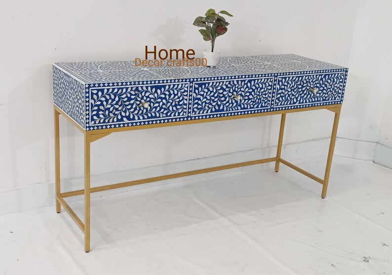 Indian handmade mother of pearl Inlay Console Table, 3 Drawer Floral Design console