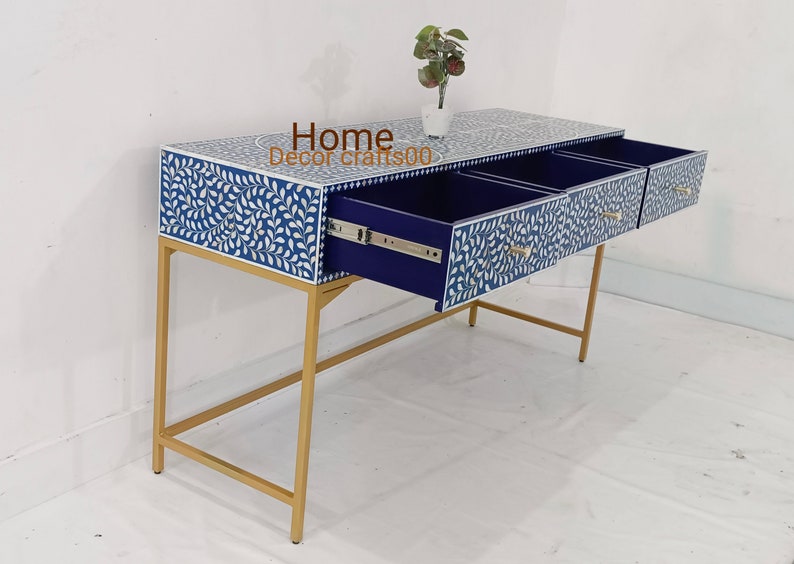 Indian handmade mother of pearl Inlay Console Table, 3 Drawer Floral Design console
