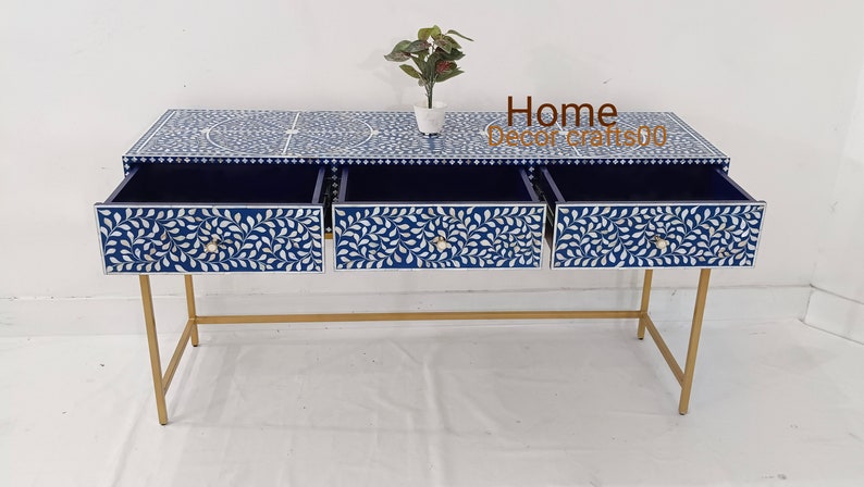 Indian handmade mother of pearl Inlay Console Table, 3 Drawer Floral Design console