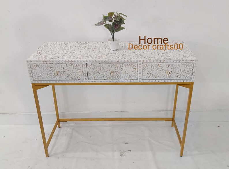 Indian handmade mother of pearl Inlay Console Table, 3 Drawer Floral Design console