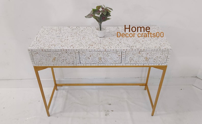 Indian handmade mother of pearl Inlay Console Table, 3 Drawer Floral Design console