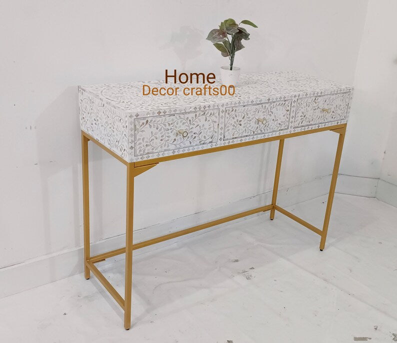 Indian handmade mother of pearl Inlay Console Table, 3 Drawer Floral Design console