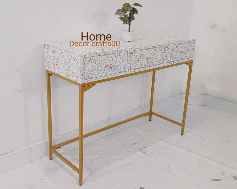 Indian handmade mother of pearl Inlay Console Table, 3 Drawer Floral Design console