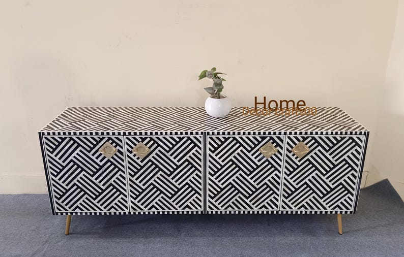 New Indian handmade Bone Inlay optical Design 4 doors media console table, bone inlay furniture