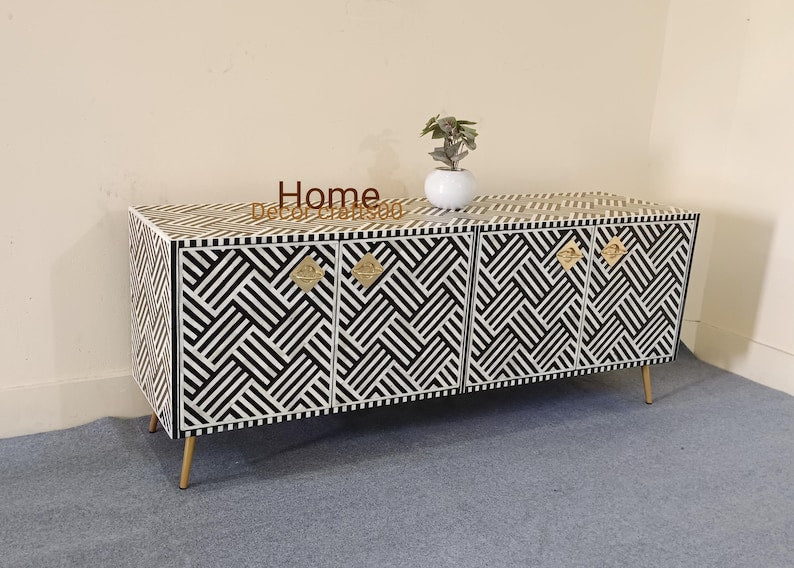 New Indian handmade Bone Inlay optical Design 4 doors media console table, bone inlay furniture