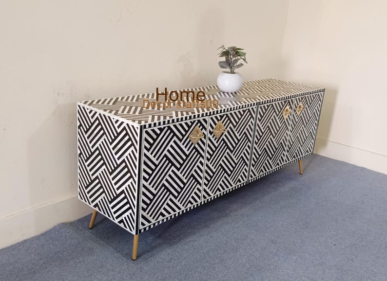 New Indian handmade Bone Inlay optical Design 4 doors media console table, bone inlay furniture