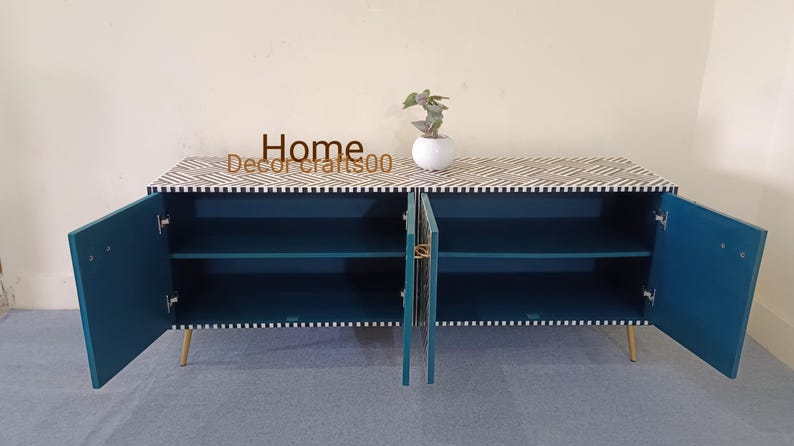 New Indian handmade Bone Inlay optical Design 4 doors media console table, bone inlay furniture