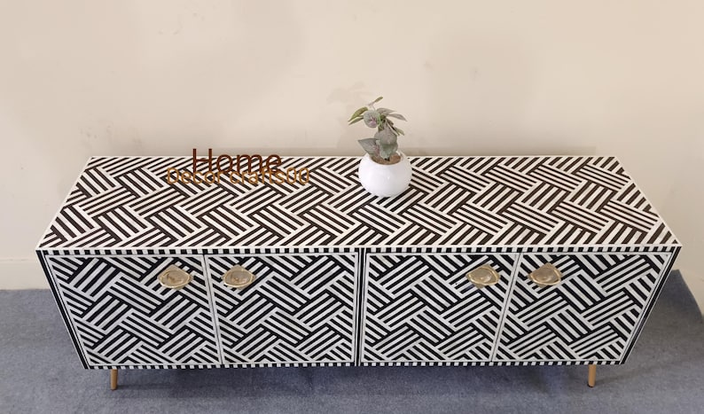 New Indian handmade Bone Inlay optical Design 4 doors media console table, bone inlay furniture