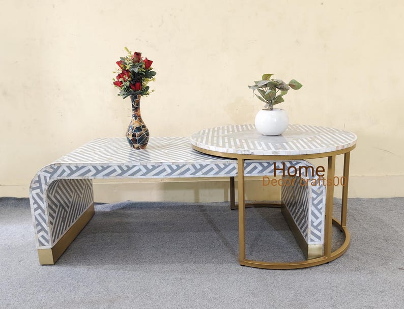handmade mother of pearl inlay U Coffee Table and coffee table, set of to coffee table