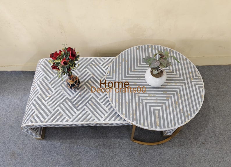 handmade mother of pearl inlay U Coffee Table and coffee table, set of to coffee table