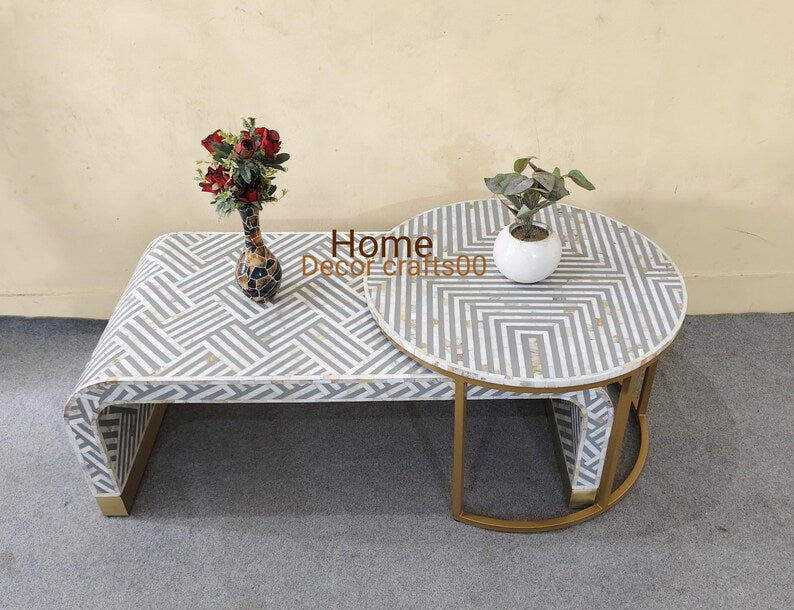 handmade mother of pearl inlay U Coffee Table and coffee table, set of to coffee table