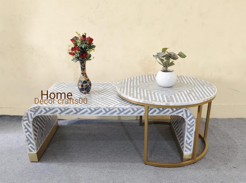 handmade mother of pearl inlay U Coffee Table and coffee table, set of to coffee table