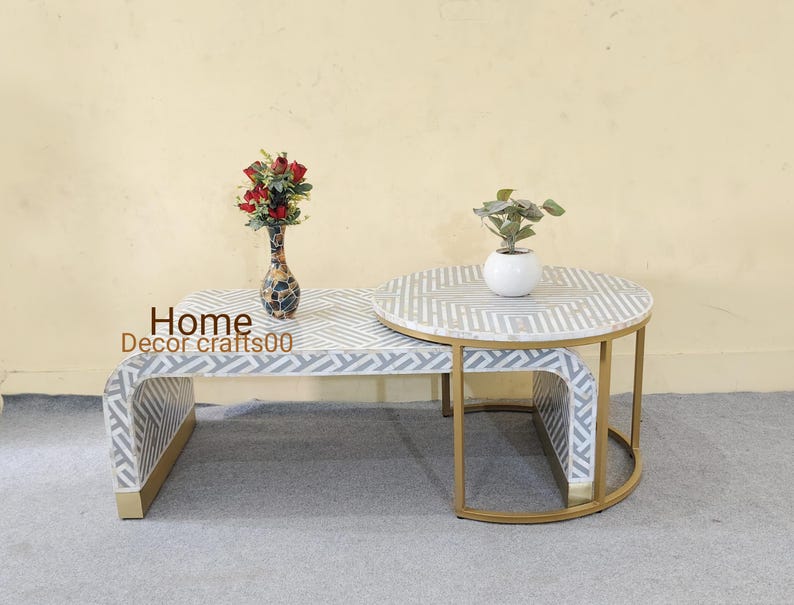 handmade mother of pearl inlay U Coffee Table and coffee table, set of to coffee table