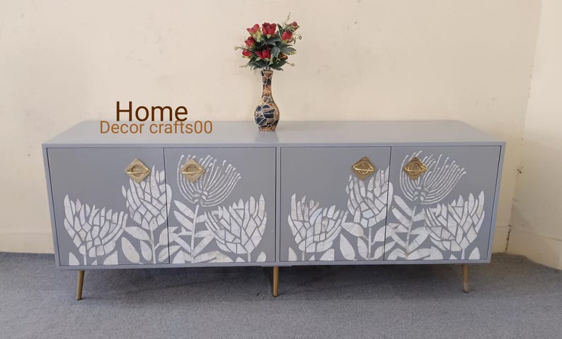 New Indian handmade Mother of Pearl inlay 4 Door Media Console, MOP inlay TV Unit