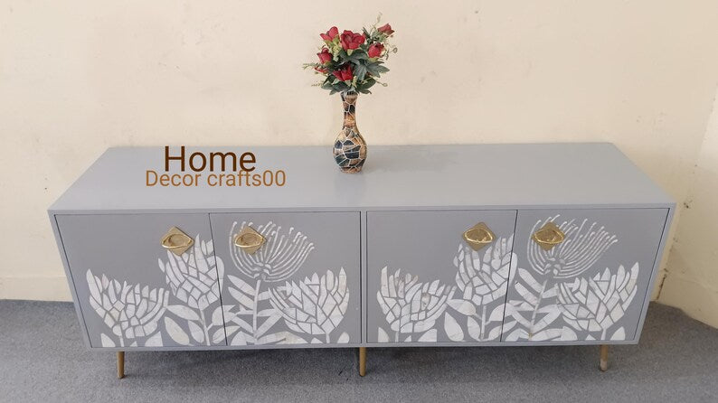 New Indian handmade Mother of Pearl inlay 4 Door Media Console, MOP inlay TV Unit