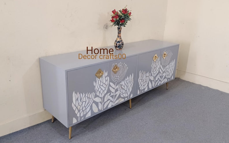 New Indian handmade Mother of Pearl inlay 4 Door Media Console, MOP inlay TV Unit