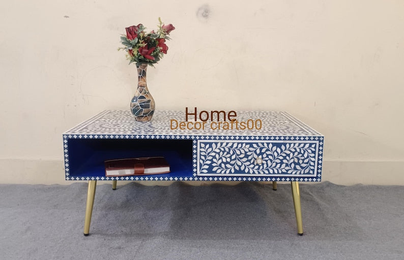 New Handmade bone inlay 1 Drawer coffee table, floral pattern coffee table, bone inlay table, 1 drawer coffee table, bone inlay furniture