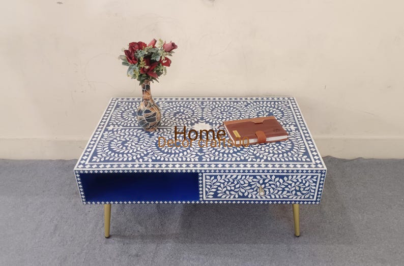 New Handmade bone inlay 1 Drawer coffee table, floral pattern coffee table, bone inlay table, 1 drawer coffee table, bone inlay furniture