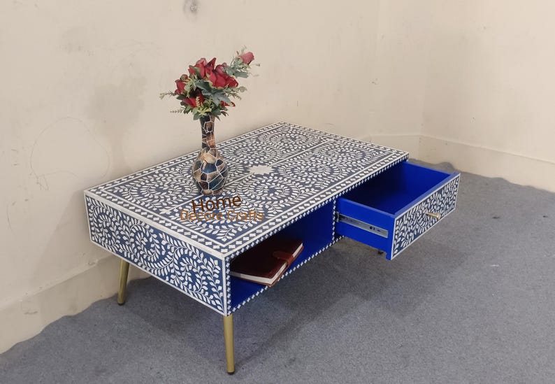 New Handmade bone inlay 1 Drawer coffee table, floral pattern coffee table, bone inlay table, 1 drawer coffee table, bone inlay furniture