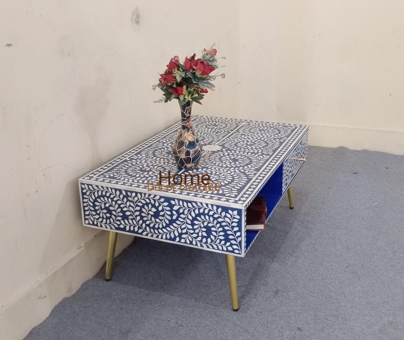 New Handmade bone inlay 1 Drawer coffee table, floral pattern coffee table, bone inlay table, 1 drawer coffee table, bone inlay furniture
