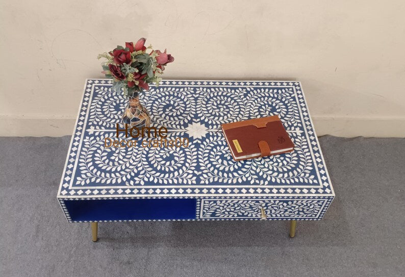 New Handmade bone inlay 1 Drawer coffee table, floral pattern coffee table, bone inlay table, 1 drawer coffee table, bone inlay furniture