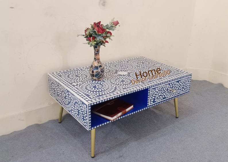 New Handmade bone inlay 1 Drawer coffee table, floral pattern coffee table, bone inlay table, 1 drawer coffee table, bone inlay furniture