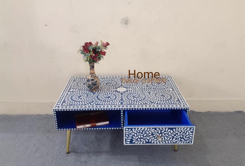 New Handmade bone inlay 1 Drawer coffee table, floral pattern coffee table, bone inlay table, 1 drawer coffee table, bone inlay furniture
