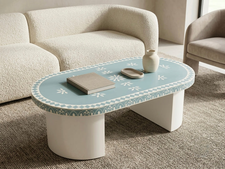 Light blue bone inlay oval coffee table with white paper-coated base