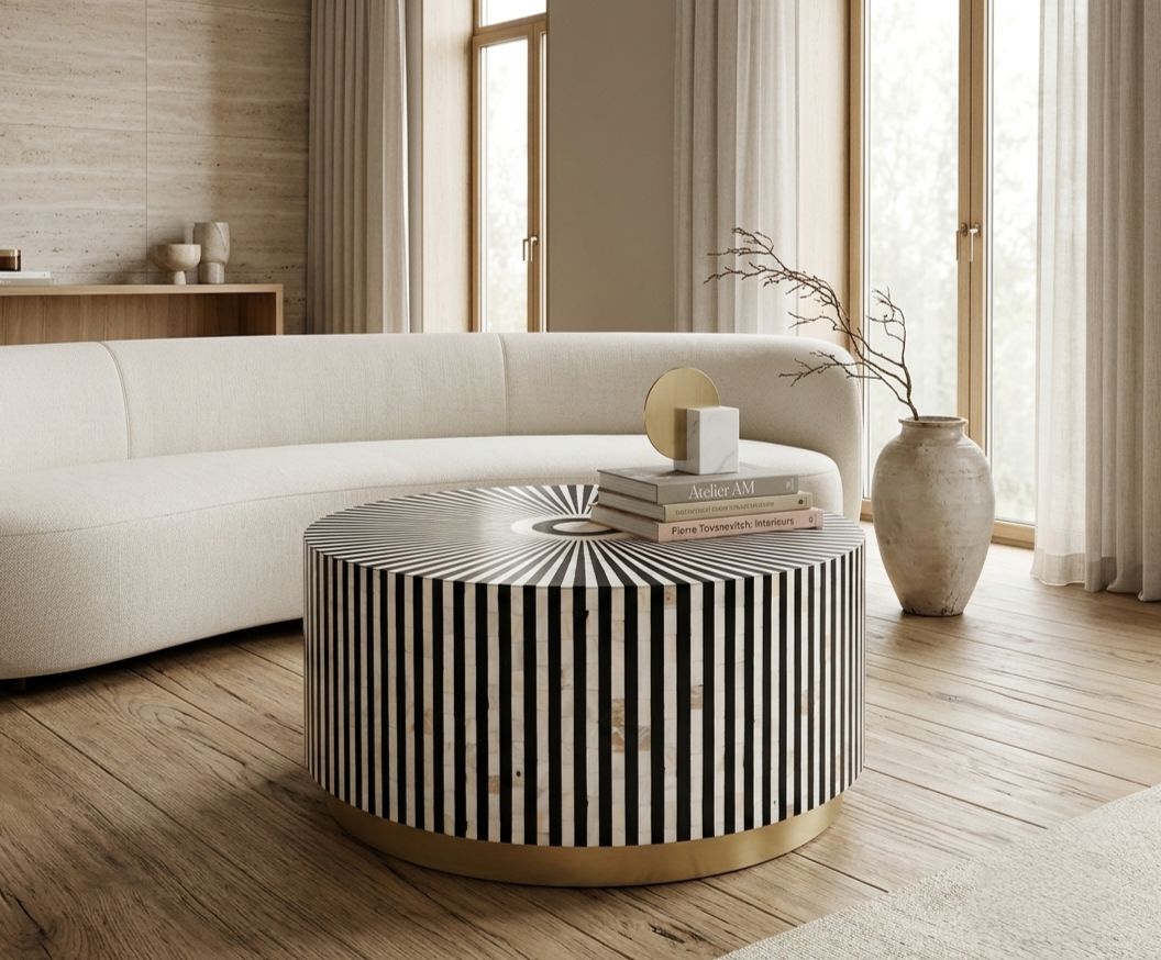 Black and white Mother of Pearl inlay round coffee table with brass base