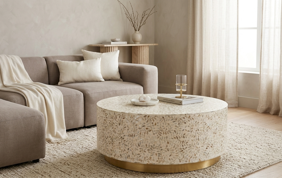 White round Mother of Pearl floral inlay coffee table with brass base