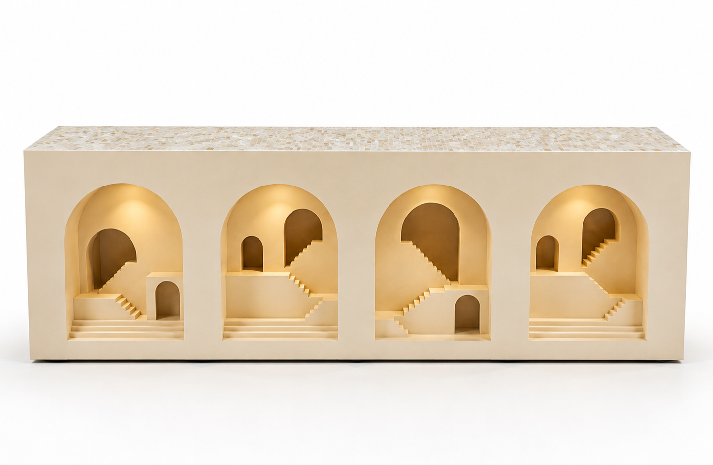Back view of a Mother of Pearl inlay four-Mehrab open console cabinet with arched niche design