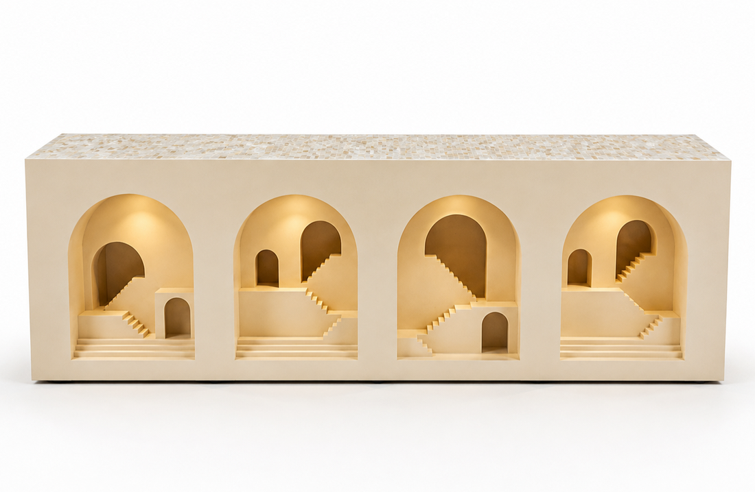 Back view of a Mother of Pearl inlay four-Mehrab open console cabinet with arched niche design