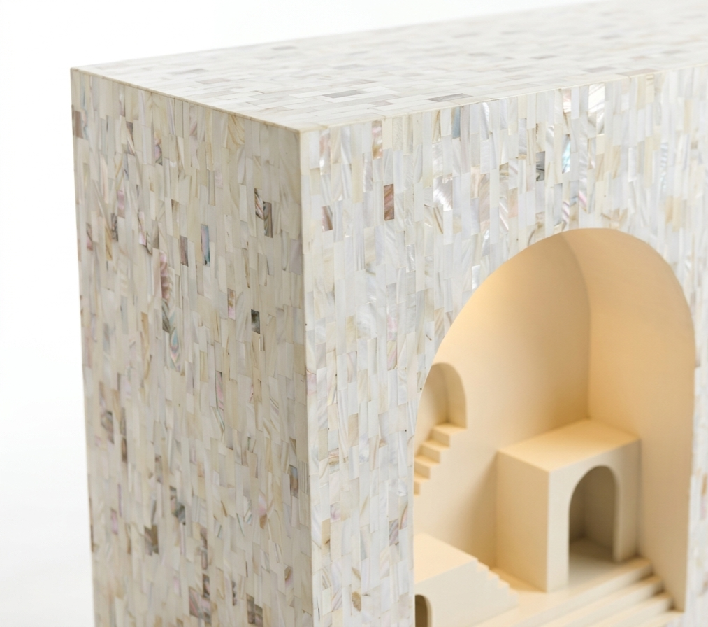 Detailed view of a Mother of Pearl inlay four-Mehrab open console cabinet with arched niche design