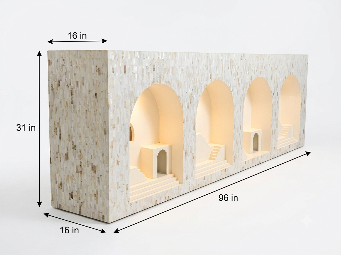 Mother of Pearl inlay four-Mehrab open console cabinet with arched niches, 96 x 16 x 31 inches