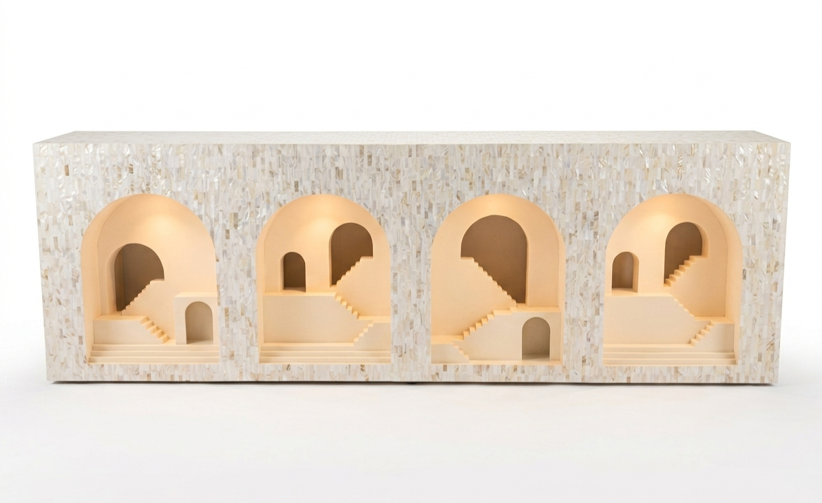 Front view of a mother of pearl in four-Mehrab open console cabinet with arched niche designay