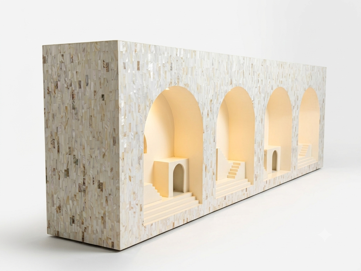 Side view of a Mother of Pearl inlay four-Mehrab open console cabinet with arched niche design