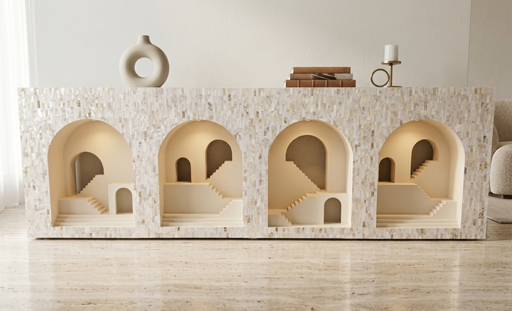 Mother of Pearl inlay four-Mehrab open console cabinet with arched niche design