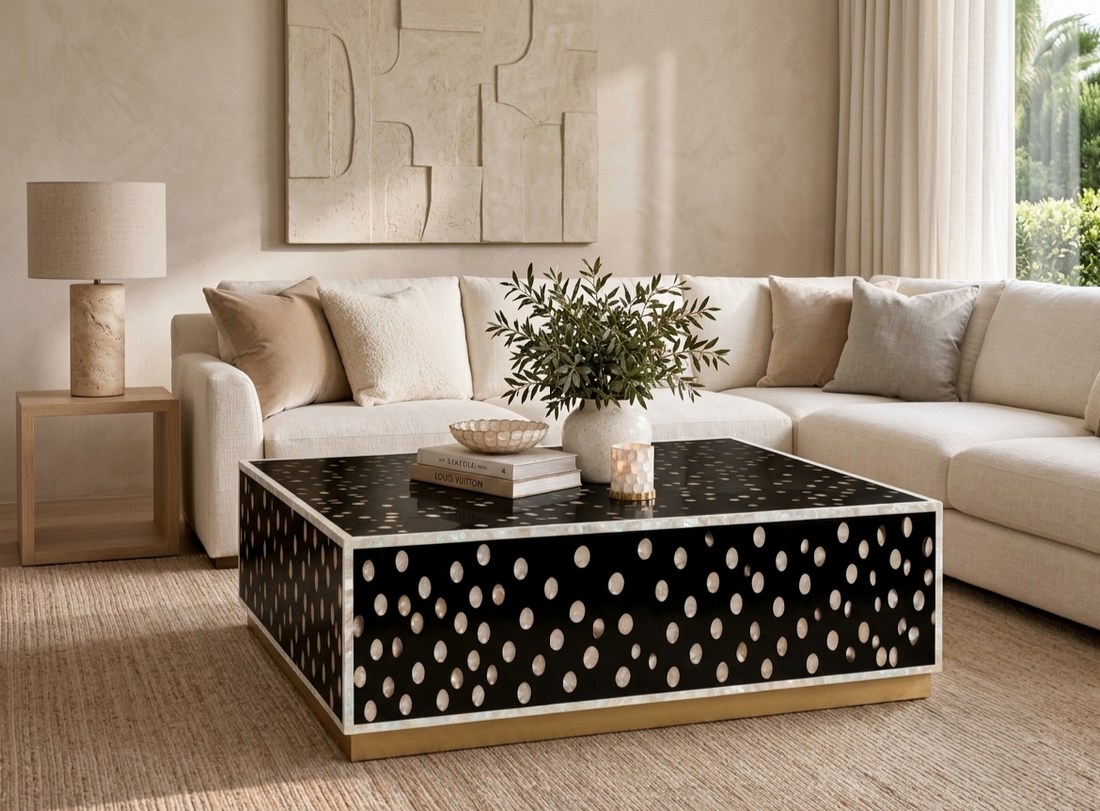 Mother of Pearl Inlay Black and White Rectangular Coffee Table with Brass Stand