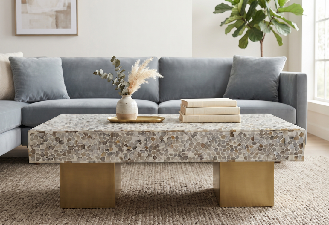 Natural white Mother of Pearl Inlay rectangular coffee table with mosaic pattern and brass-finish block legs