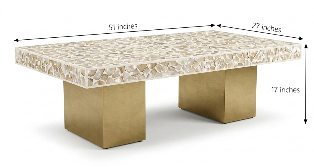 Rectangular Mother of Pearl inlay coffee table with gold-tone base, 51 x 27 x 17 inches