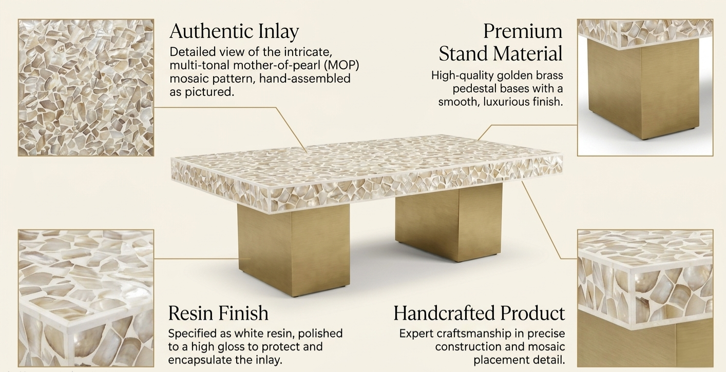 Rectangular Mother of Pearl inlay coffee table with natural mosaic top, gold-tone brass base and detailed inlay finish