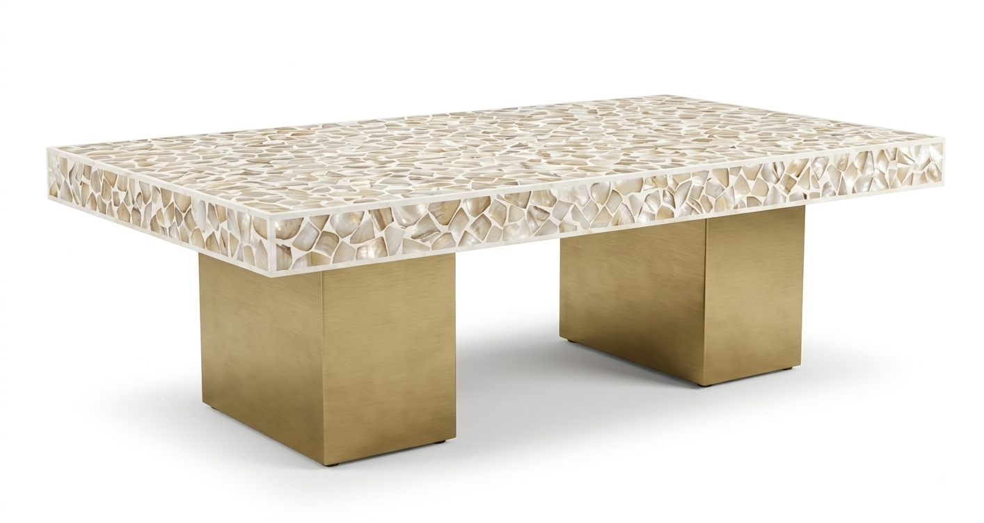 Rectangular Mother of Pearl inlay coffee table with gold-tone block legs