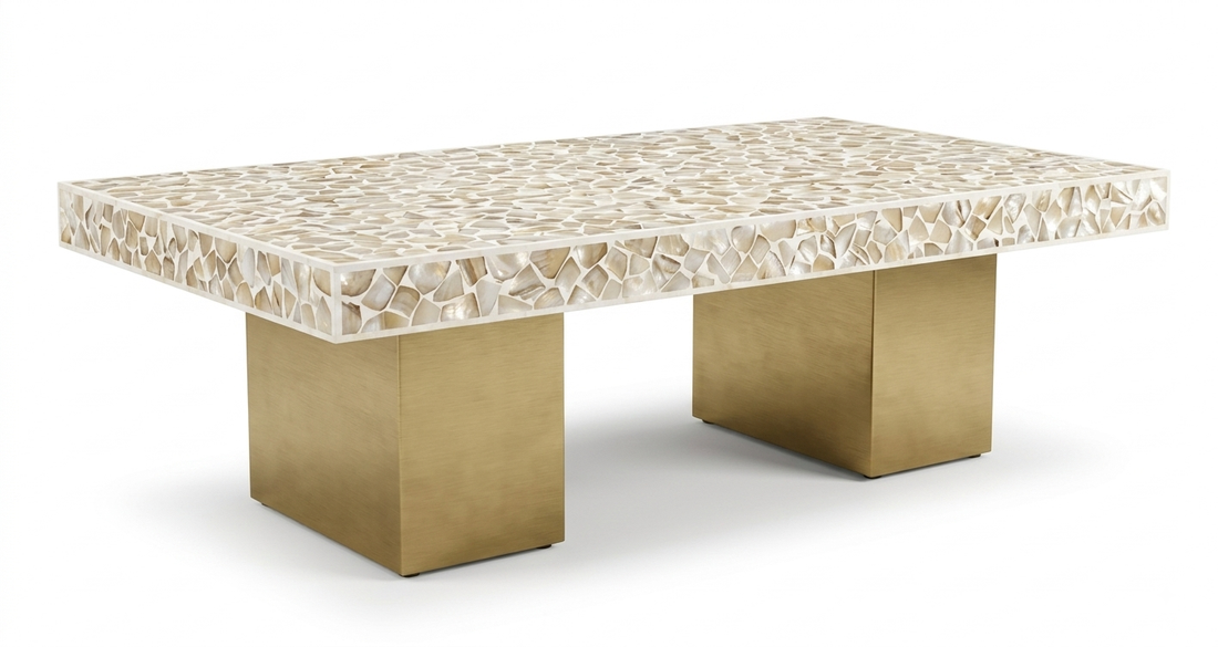 Rectangular Mother of Pearl inlay coffee table with gold-tone block legs