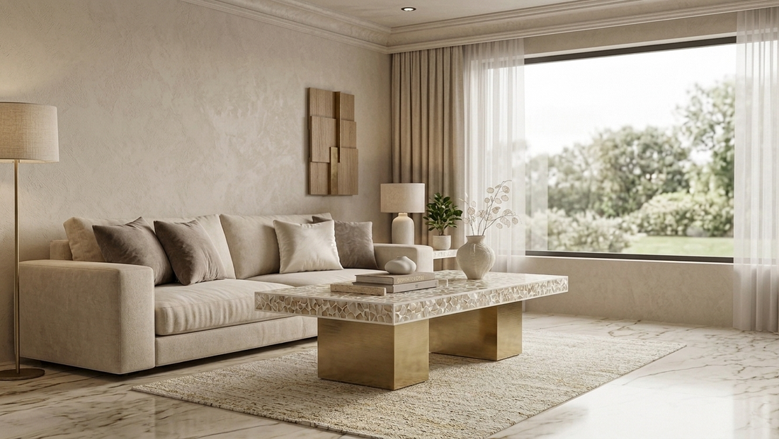 Rectangular Mother of Pearl inlay coffee table with gold-tone base in a luxury living room