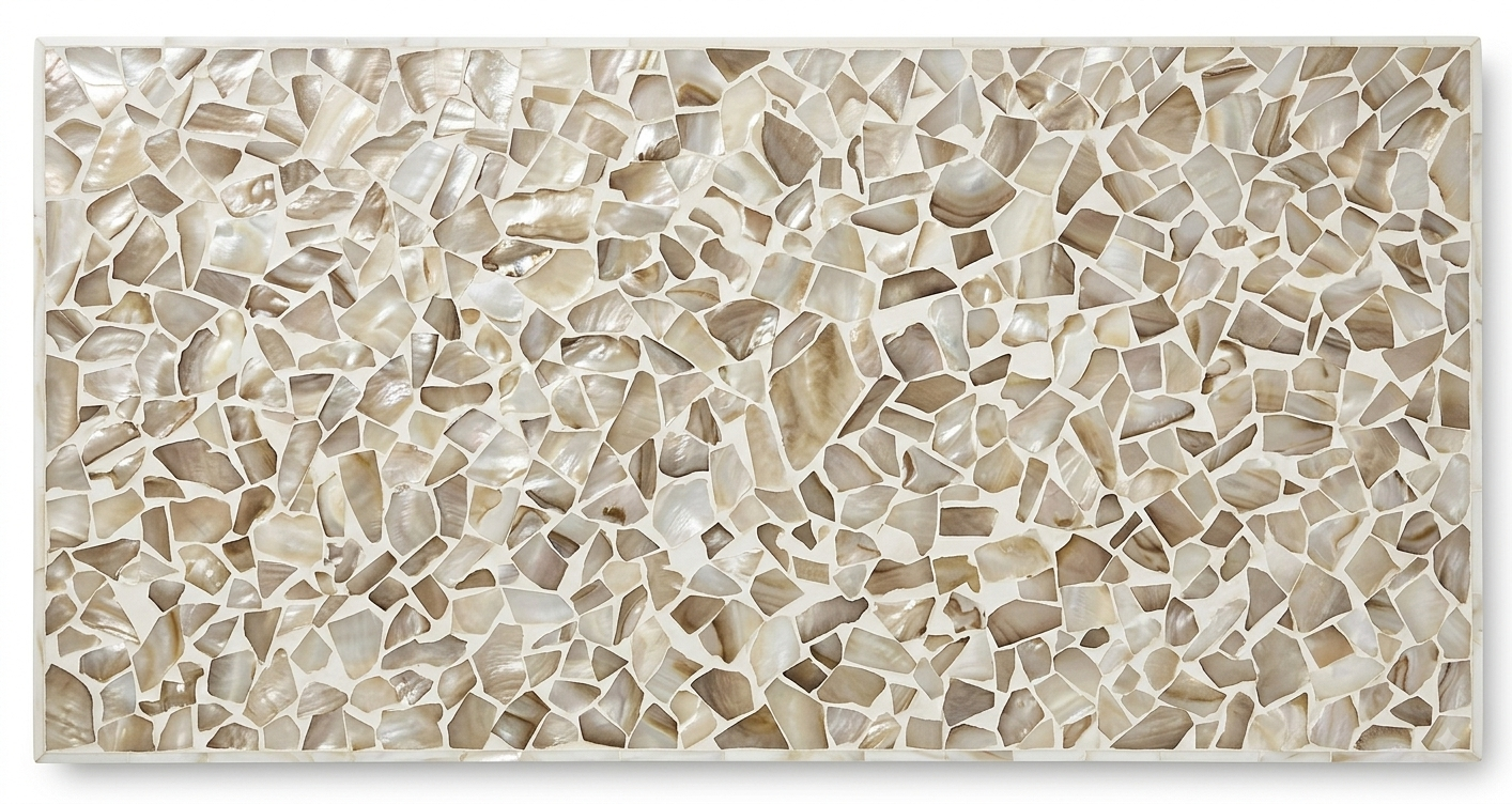 Close-up view of natural Mother of Pearl mosaic inlay on a rectangular coffee table top