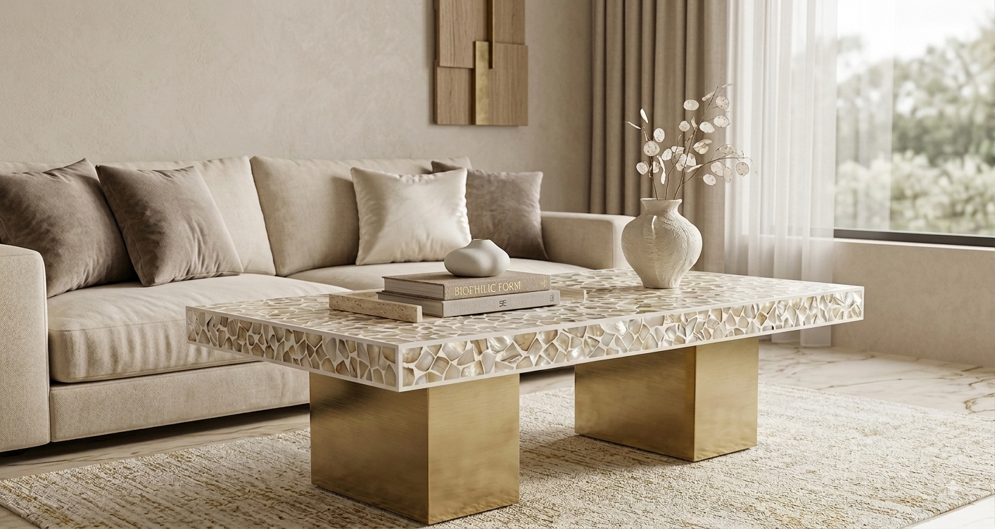 Rectangular Mother of Pearl inlay coffee table with modern gold-tone base