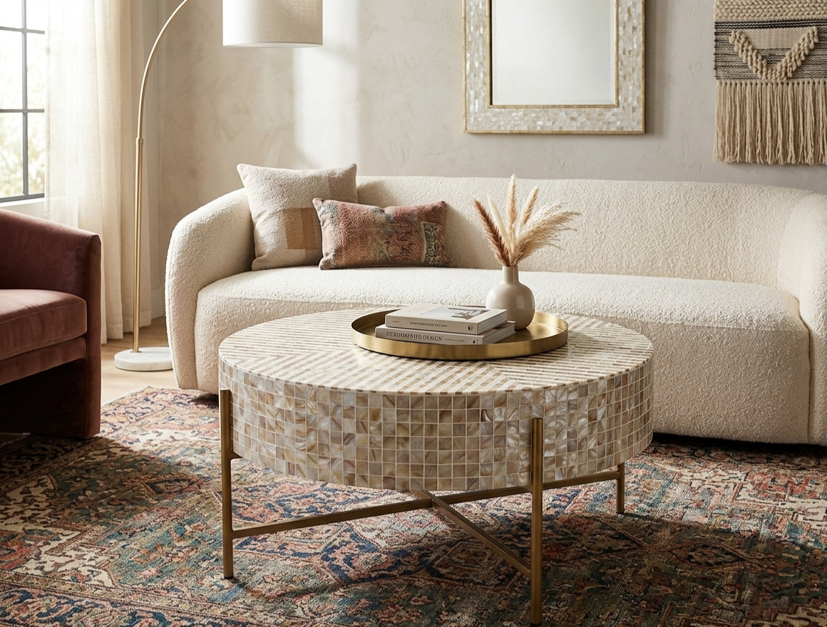 Round Mother of Pearl inlay coffee table with gold-tone metal base