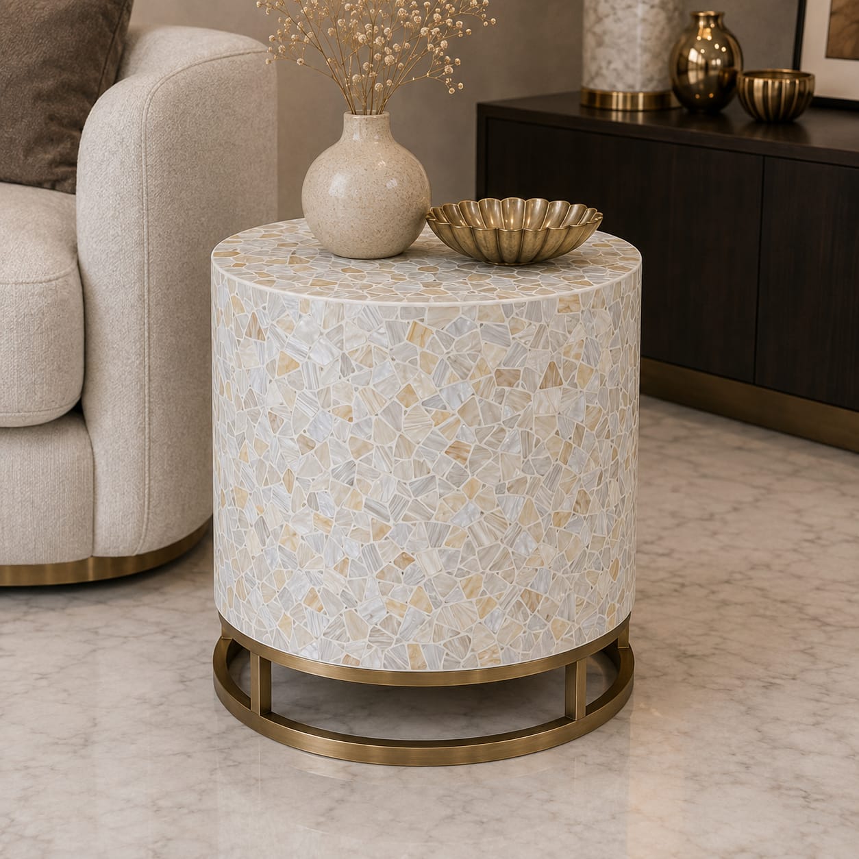 Round Mother of Pearl inlay side table with golden powder-coated metal stand