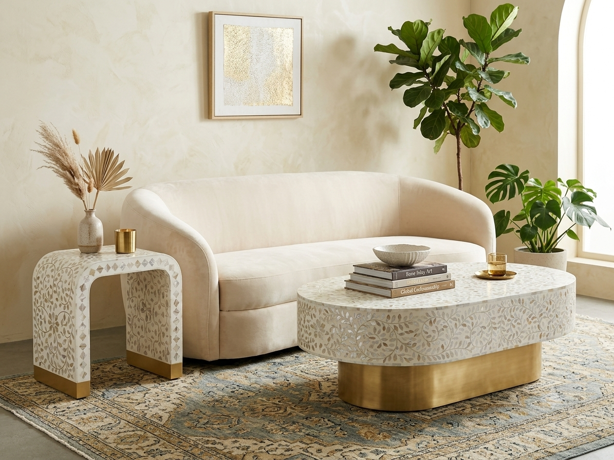 White Mother of Pearl Inlay Oval Coffee Table and U-Shaped Side Table Set of 2 with Brass Stands